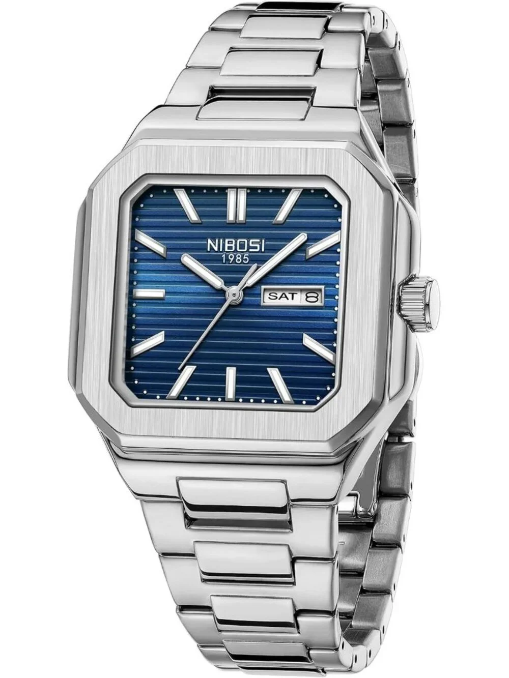 Nibosi Men's Silver Blue Analog Quartz Stainless Steel Waterproof Square Watch